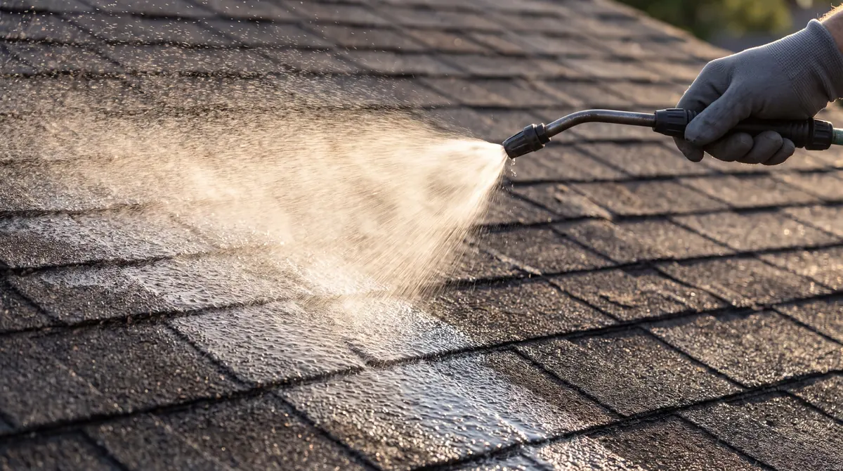 Illustration: a spray wand misting treatment onto asphalt shingles