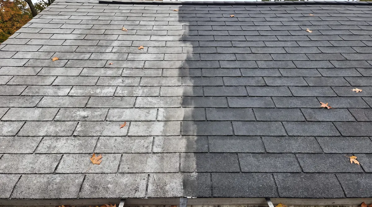 Illustration: treated shingles look darker next to dry untreated shingles